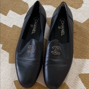 Black with silver detail Chanel loafer flats
